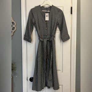 Mango Black and White Checkered Tie Waist Dress NWT